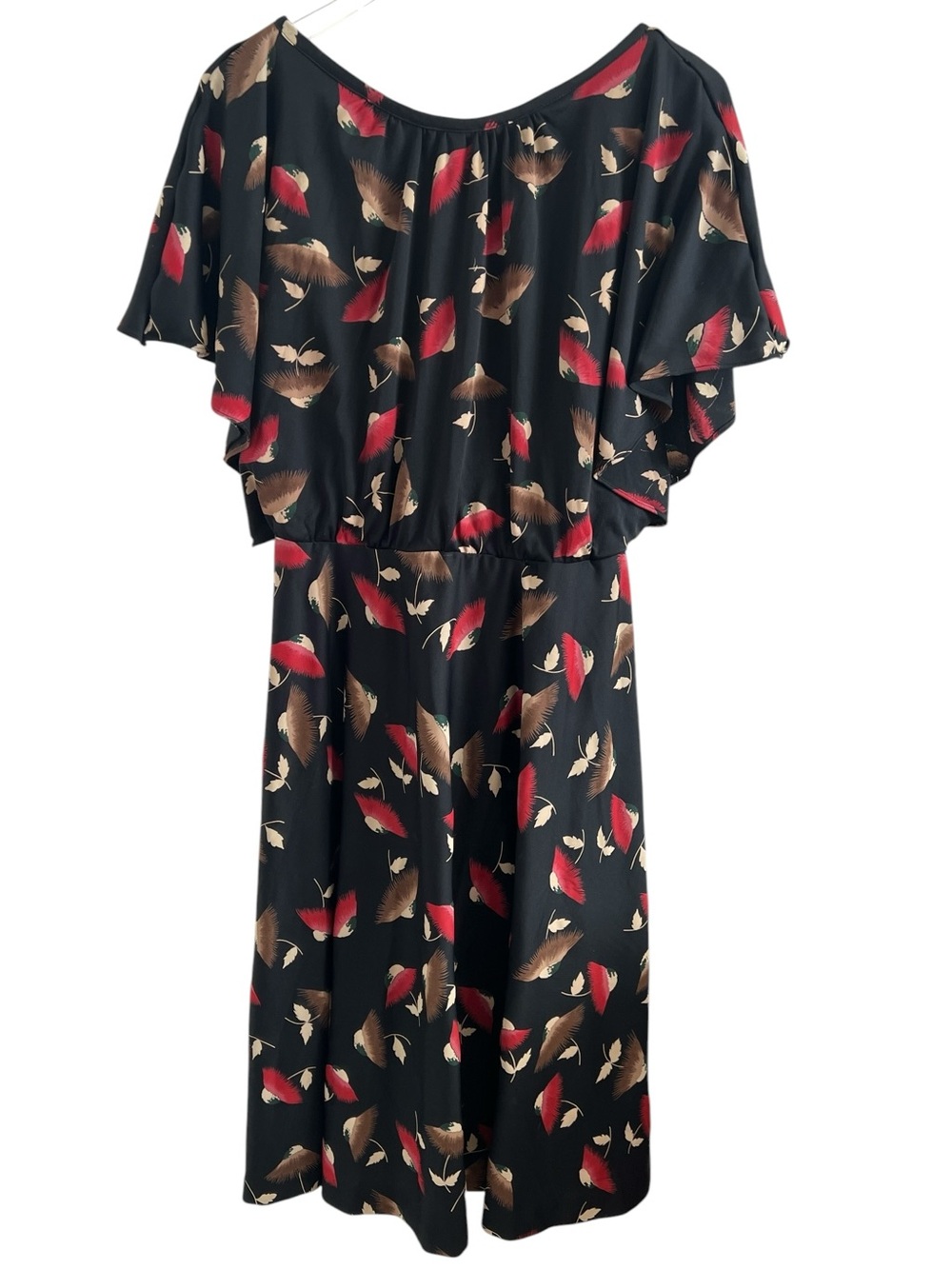 Black Flutter Sleeve Dress with Red & Brown Feather Print